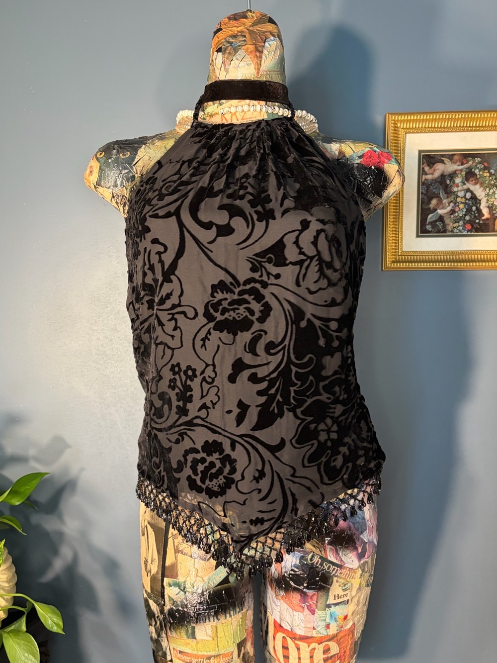 Vintage black velvet burnout tie halter top beaded trim open back deadstock